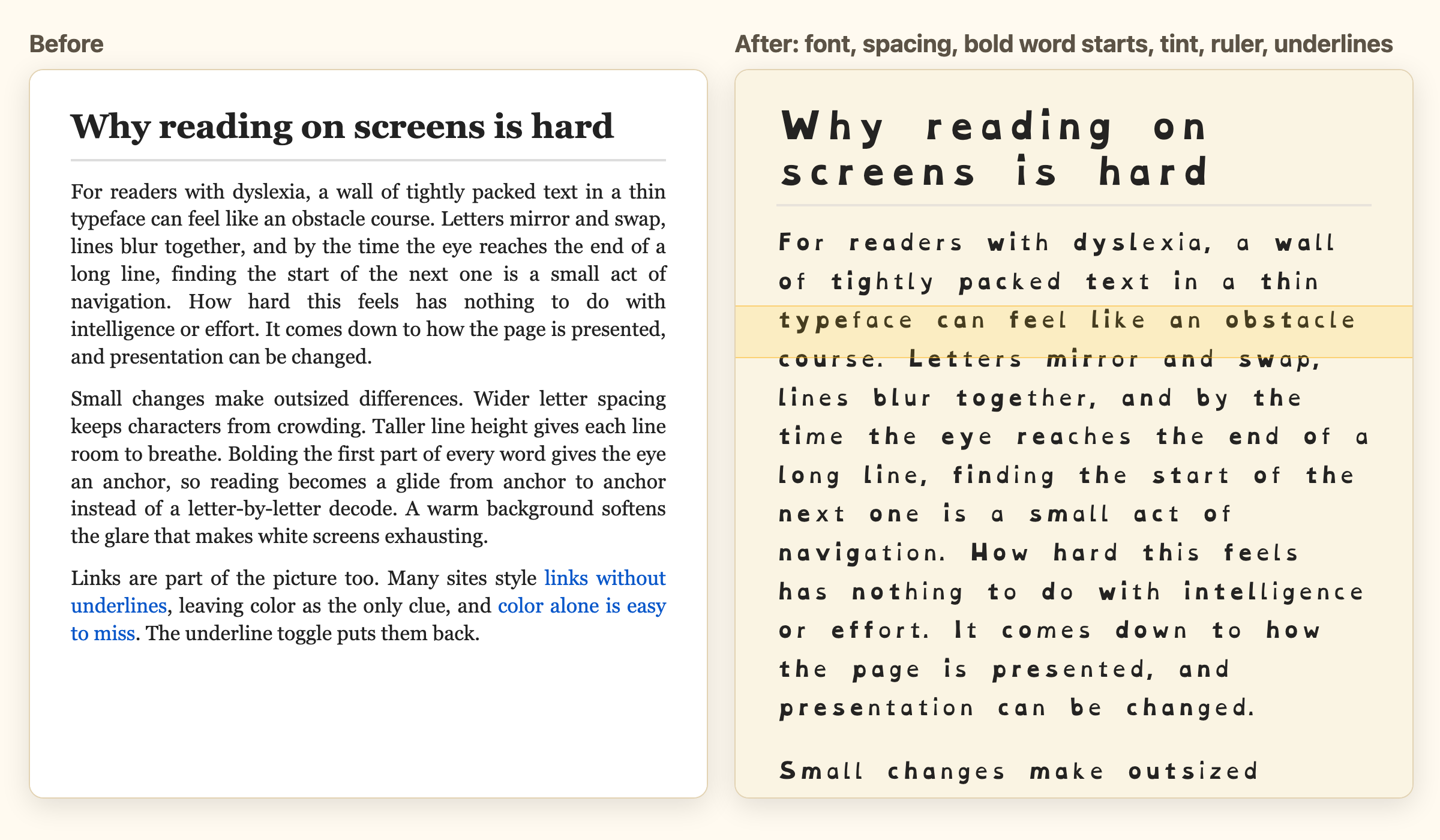 The same article twice: plain on the left, and on the right with the friendly font, wider spacing, bolded word starts, a cream tint, and a reading ruler