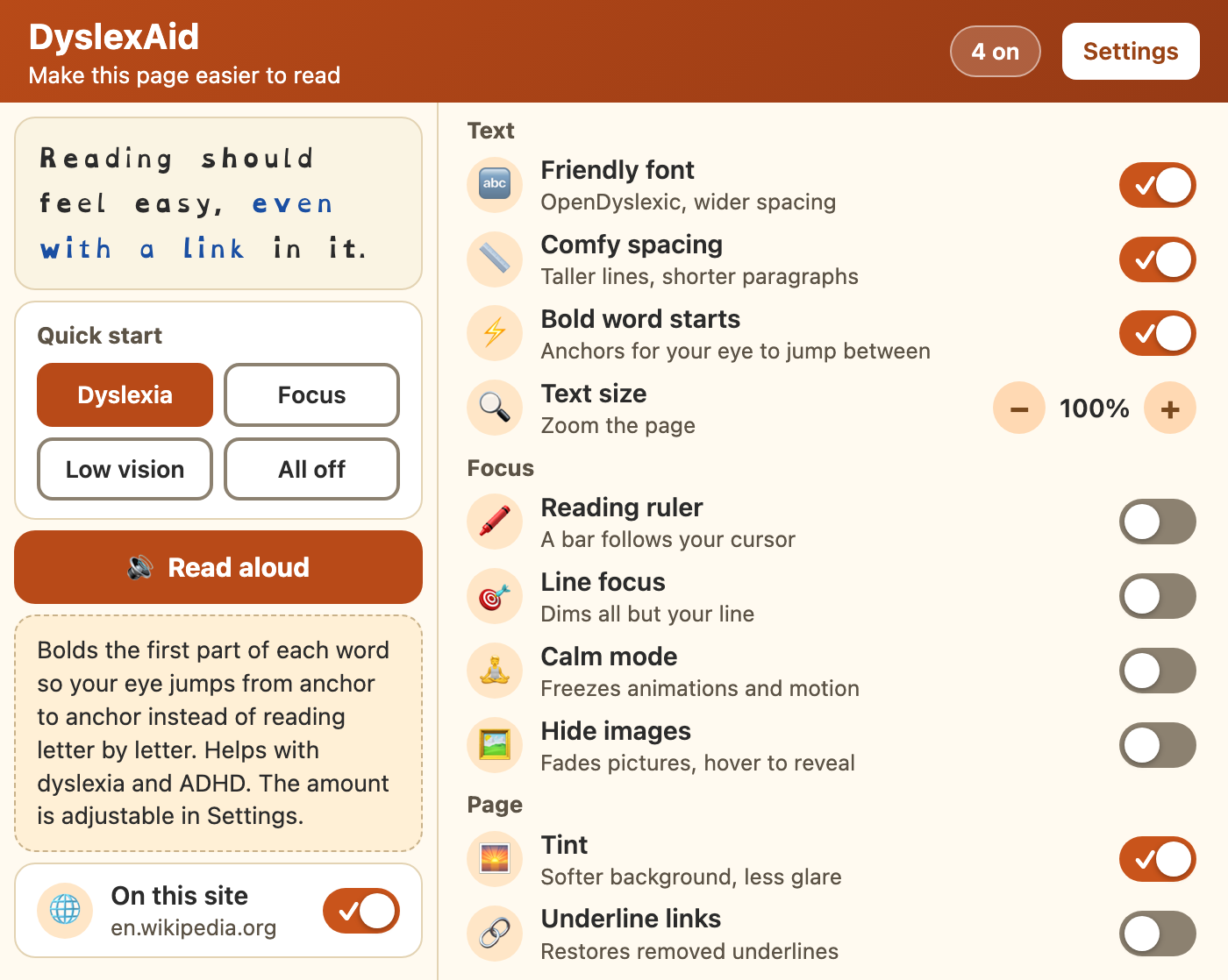 The DyslexAid popup: a preview sentence, four quick-start presets, and a list of switches for each feature